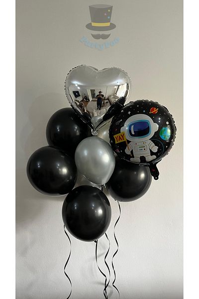 PartyPoo 13 Pieces Metallic Silver Heart Foil and Space Foil Balloon Set Birthday Party Foil Balloon Set