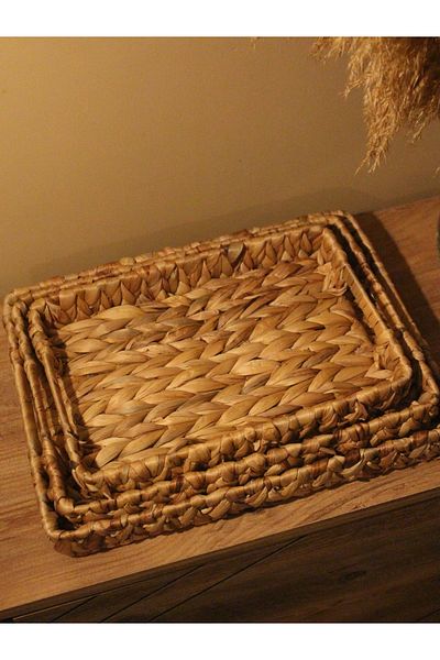 Paganca 3-Piece Wicker Water Hyacinth Rectangular Tray