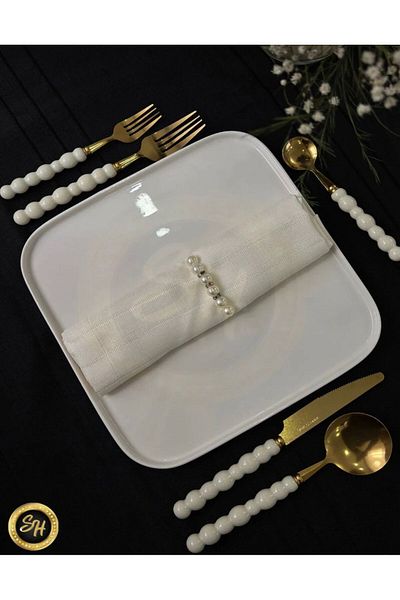 Snow Homs 30 Piece Gold White Pearl Stone Detailed Fork, Knife, Spoon, Dessert Spoon, Dessert Fork Set