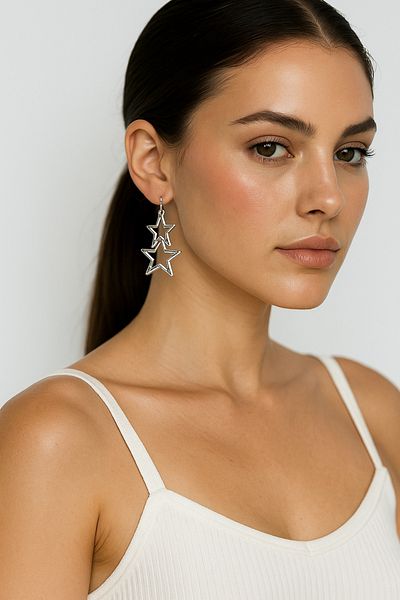 Luminos Butik Shining Stars: Dangle Double Star Earrings Mk0011-Silver