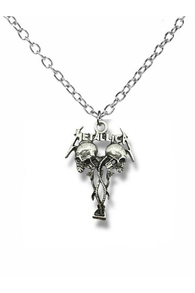Herşey Nota Metallica Two Skeleton Heads Silver Color Unisex Necklace – Rock and Metal Style Jewelry