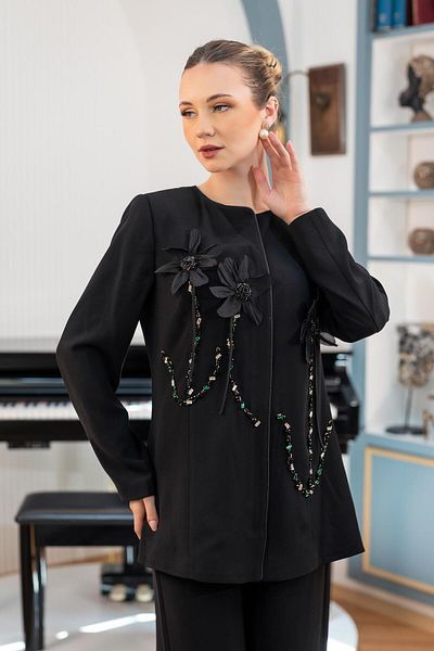 YAFA CLOTHING & ACCESSORIES Embroidered Jacket Pants Double Suit Black