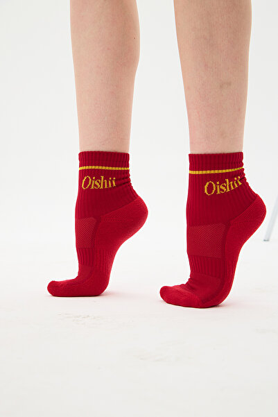 Oishii Short Socks Sports Socks Half Towel Hoop Pattern Red