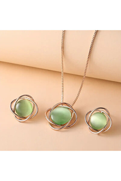 Takıtolia Junea - Rose Gold Zincirli Yeşil Taşlı Geometrik Şık Tasarım Minima...