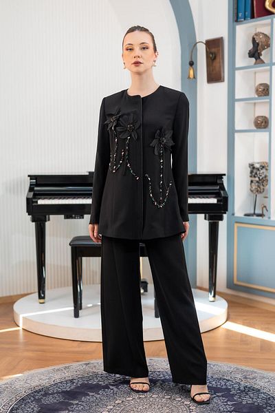 YAFA CLOTHING & ACCESSORIES Embroidered Jacket Pants Double Suit Black