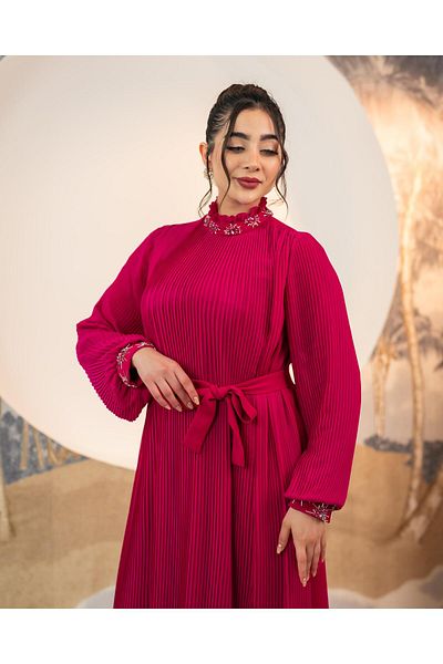 YAFA CLOTHING & ACCESSORIES Pleated Chiffon Dress Fuchsia