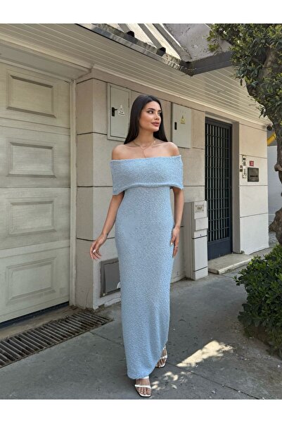 QADİSH KADIN AÇIK OMUZ MADONNA YAKA KABARTMA DETAY ELBİSE