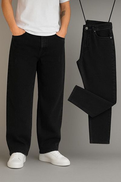 BM BALANCEMODA Men's Black Baggy Fit Lycra-Free Relaxed Cut Jean Trousers