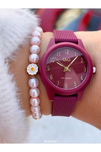 Q&Q Brand Pool Sea Suitable for Use Burgundy Silicone Cord Girl's Wristwatch with Bracelet Gift