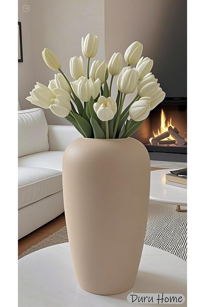 Lui Tasarım Nordic Style Large Size Modern Stylish Ceramic Beige Color Hera Vase 26 cm