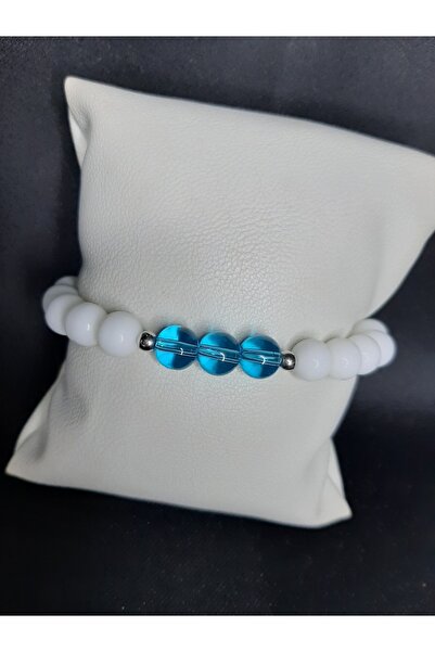 MRYart White Agate & Blue Glass Beads Unisex Elastic Bracelet (8 mm)