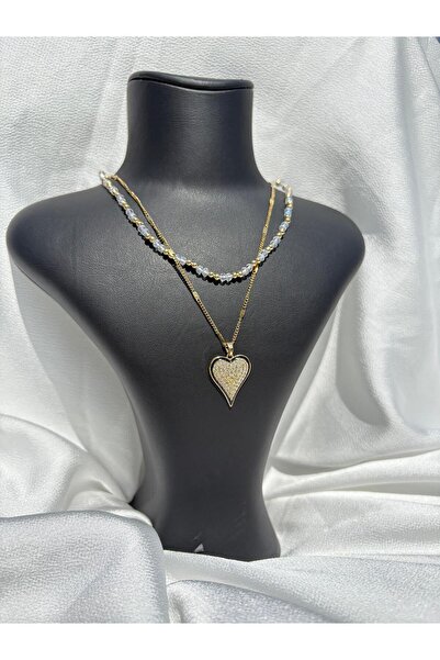 NİSA HOME Stylish Women's Necklace with Zircon Stone Heart Detail and Beaded ...