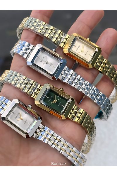 Ferrucci Brand Rectangular Corner Case, Yellow Steel Cord Women's Wrist Watch + Evil Eye Beaded Bracelet