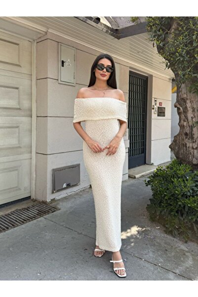 QADİSH KADIN AÇIK OMUZ MADONNA YAKA KABARTMA DETAY ELBİSE