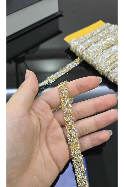 nano moda Hayal Model Stone Iron-On Strip Applique Yellow and Silver Color 1 cm X 2 Meters Decorative Strip