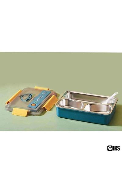 SIKS Stainless Steel Compartmented Thermal Casserole for Children with Spoon, 25x18x8, 500g, Yellow