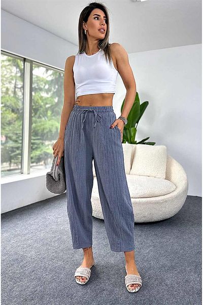 Nana & Mayka Moda Women's Gray Seersucker Baggy Trousers – Summer, Loose Fit, Elastic Waist, Oversize, Pockets