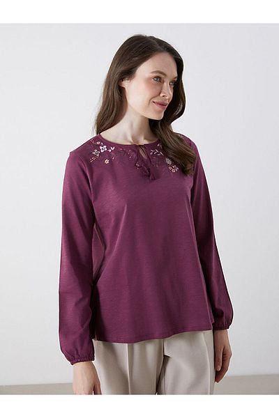 LC Waikiki Grace Burgundy Tie Collar Patterned Women's Blouse