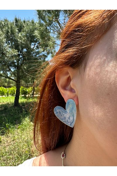 Claritas Takı Blue Colored Enamel Design Heart Earrings