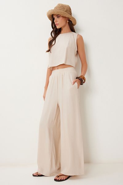 Lovelyİstanbul Tie Detailed Blouse Pants Set Cream Lrv0104