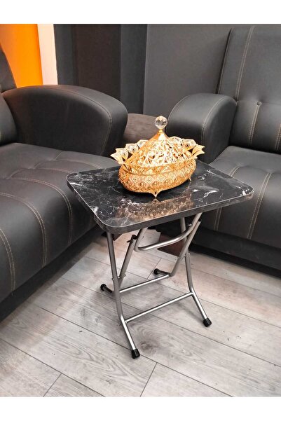 FERNUR GRUP Katlanır Beyaz Mermer Zigon 2'li Sehpa Takım Paslanmaz Metal Ayak...