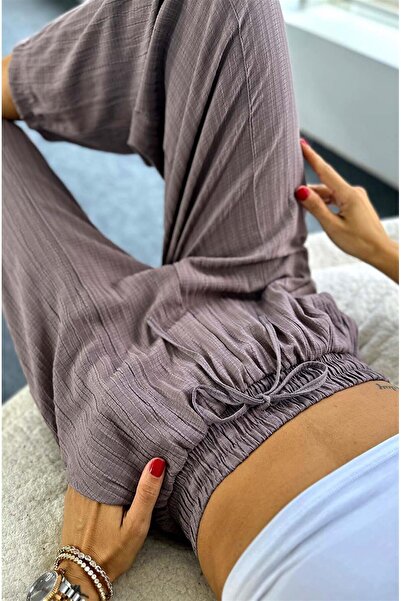 Nana & Mayka Moda Women's Mink Seersucker Baggy Trousers – Summer, Oversize, Loose Fit, Elastic Waist, Pocket