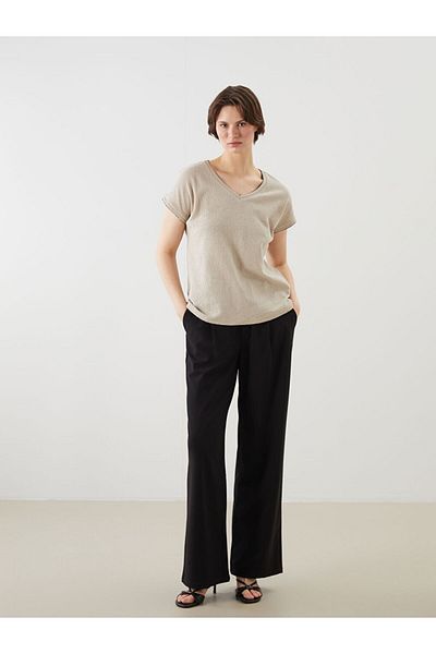 LC Waikiki Gray V-Neck Textured Women's T-Shirt