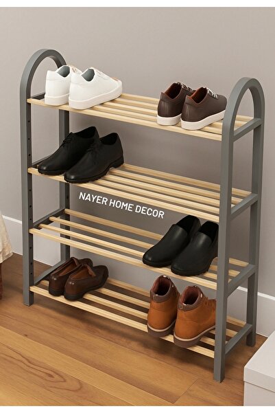 Home 4 Katlı Ahşap Çubuklu Bölmeli Ayakkabılık Gri