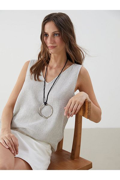 LC Waikiki Black V-Neck Striped Muslin Blouse