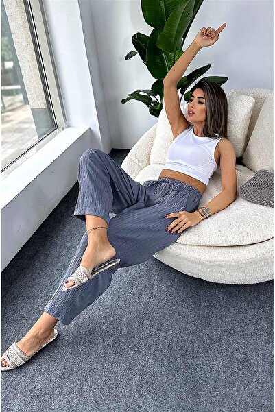 Nana & Mayka Moda Women's Gray Seersucker Baggy Trousers – Summer, Loose Fit, Elastic Waist, Oversize, Pockets