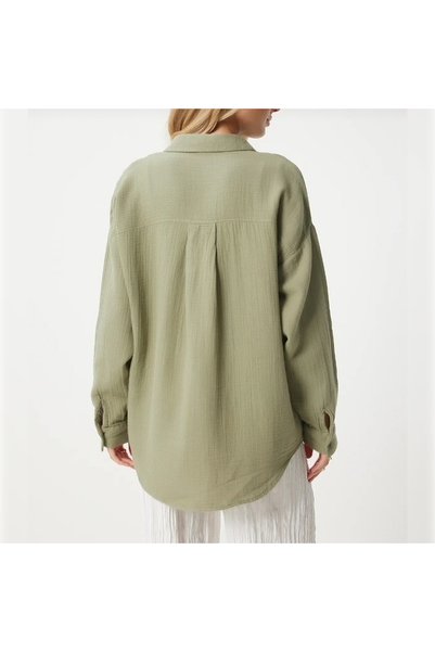 ArdaEge Oversize Khaki Single Pocket Muslin Shirt