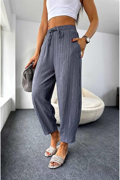 Nana & Mayka Moda Women's Gray Seersucker Baggy Trousers – Summer, Loose Fit, Elastic Waist, Oversize, Pockets