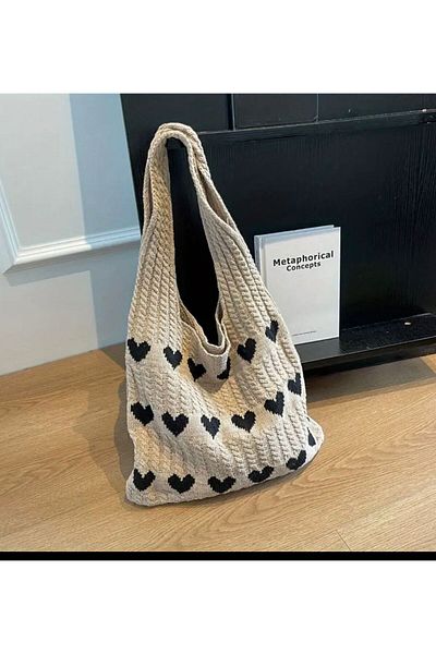 citycenterfashion Women's Heart Patterned Knitted Shoulder Bag Crochet Casual and Beach Bag