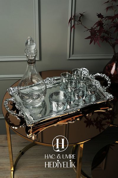 Hac Umre Hediyelik Silver Presentation Set |   Luxury Presentation Set |   Mirrored Decorative Tray and Cup Set |   9 Piece Zamzam Set