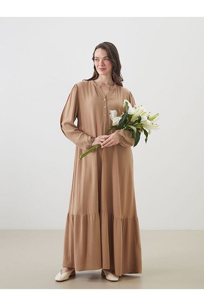 LC Waikiki Grace Beige Scoop Neckline Textured A-Line Dress