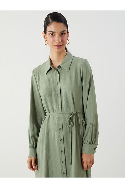 LC Waikiki Green Belted Textured Shirt Dress