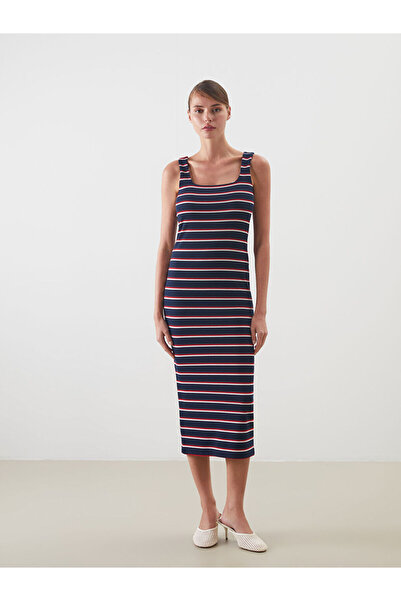 LC Waikiki New Season from Güli̇s Gi̇yi̇m Navy Blue U-Neck Striped Bodycon Dress