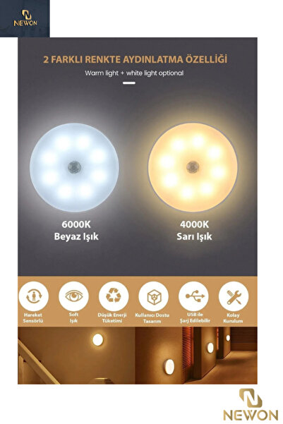 Newon Usb Şarjlı Hareket Sensörlü Beyaz Led Işık Lamba (SENSÖRLÜ)