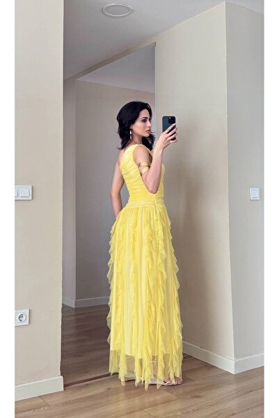 Narstorm Kadın Tek Omuz Fırfırlı Parçalı Tül Uzun Elbise