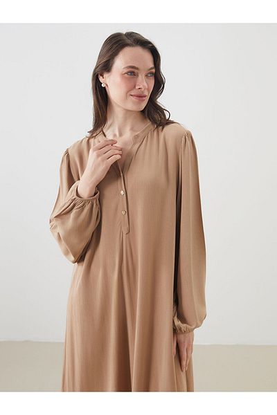 LC Waikiki Grace Beige Scoop Neckline Textured A-Line Dress