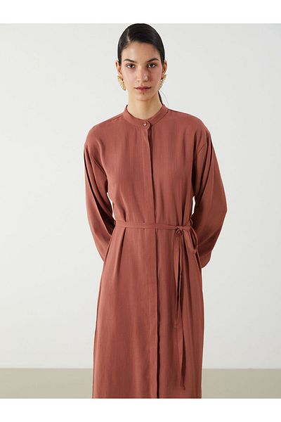 LC Waikiki Sparkling Selections from Shining Store |   Blue Judge Collar Belted Linen Blend Shirt Dress