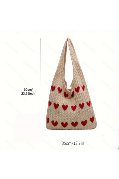 citycenterfashion Women's Heart Patterned Knitted Shoulder Bag Crochet Casual and Beach Bag
