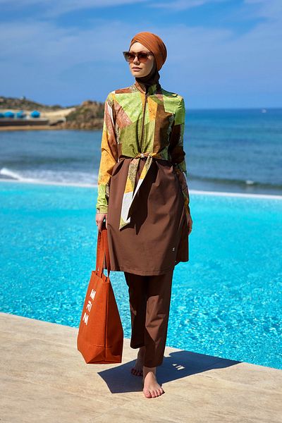 Marina Swimwear Brown Full Covered Hijab Swimsuit with Stopper and Water Repellent Fabric M2530-1