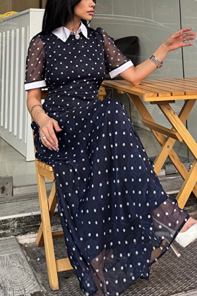 OKSOCOLLECTİON Vintage Lacivert Astarlı Gül Detaylı Puantiyeli Elbise