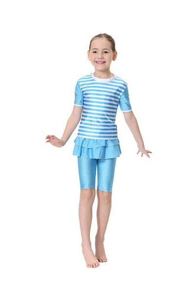 Generic 2-Piece Short Sleeves Split Swimsuit Sky Blue/White