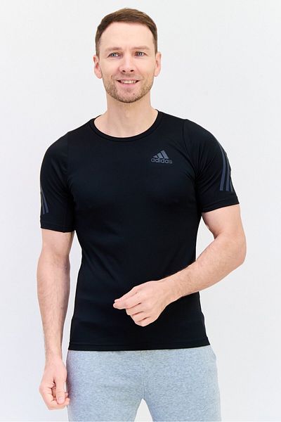 adidas Men Sportswear Fit Brand Logo Short Sleeves Running T-Shirt, Black