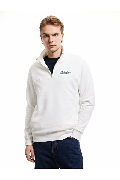 Koton Embroidered Hooded Half Zip Sweatshirt with Pocket Detail