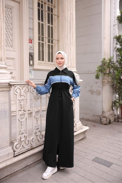 moda4b Women's Hooded Denim Detailed Sports Cap – Cotton Comfortable Hijab Coat N-05441 _ Black