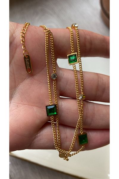 ZRN AKSESUAR Halhal Green Stone Double Chain ​​Stylish Gold Color