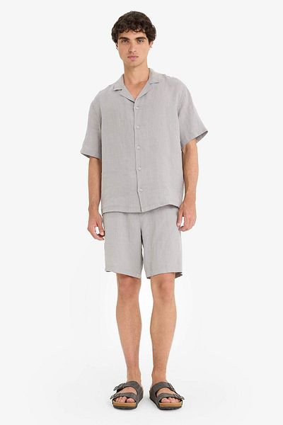 DeFacto 100% Linen Relax Fit Apaş Collar Short Sleeve Shirt F4597Ax25Hs